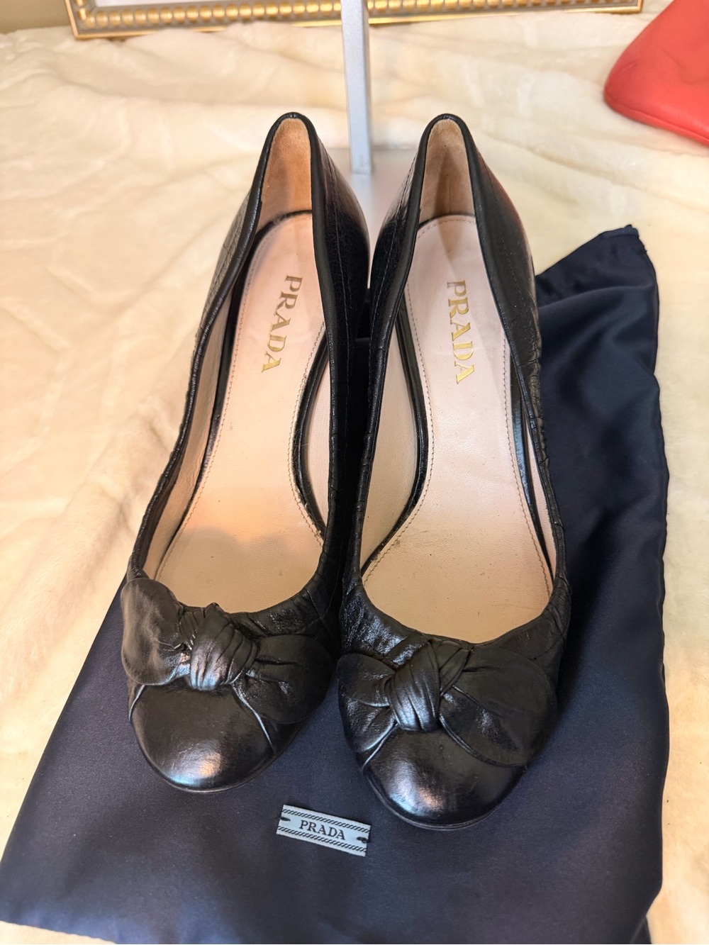 Prada Black Leather Pumps with bow detail